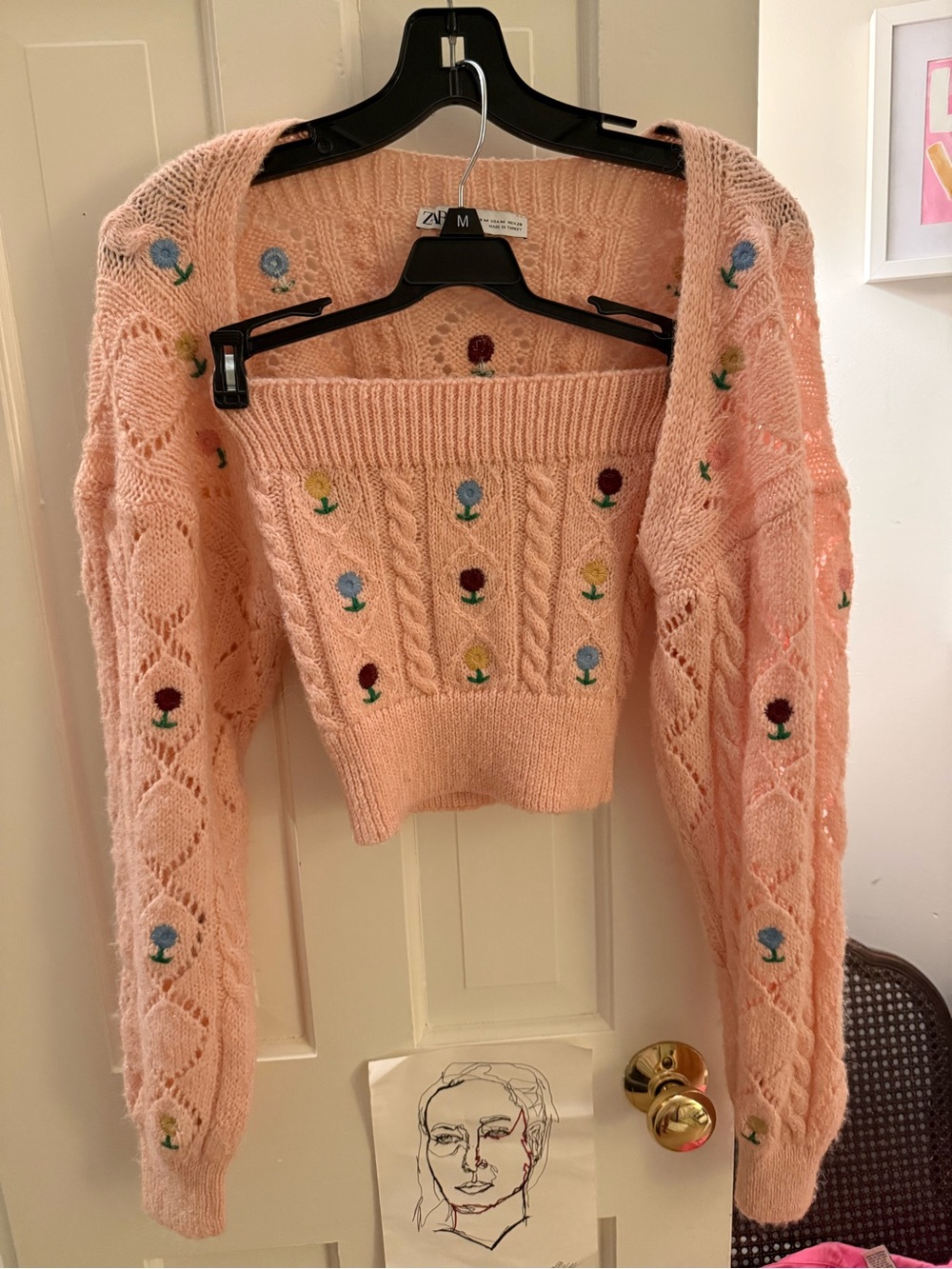 ZARA Peach Off-the-Shoulder Cropped Sweater with Floral Embroidery